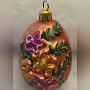 Christopher Radko Pink and Gold Floral Glass Ornament with Green Leaves